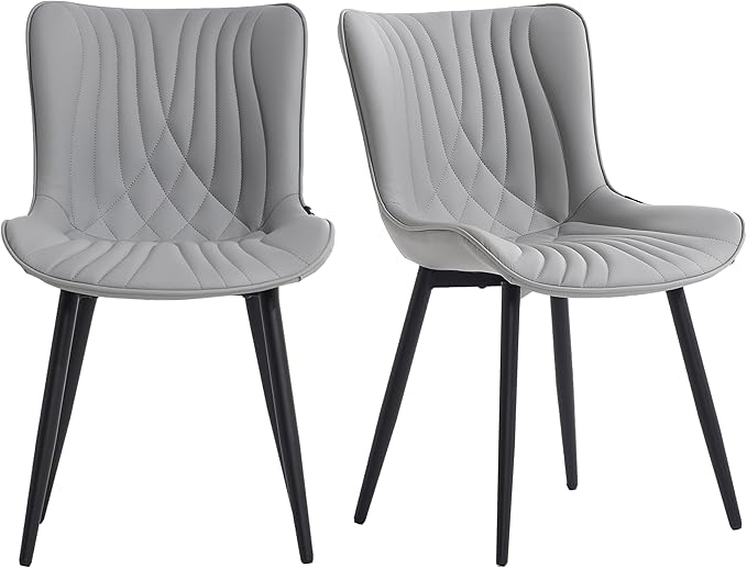 YOUTASTE Dining Chairs Set of 2, Mid Century Modern Upholstered Faux Leather Kitchen Room Chairs, with Black Metal Legs, Armless Accent Chair for Living Room, Bedroom, Vanity, Grey