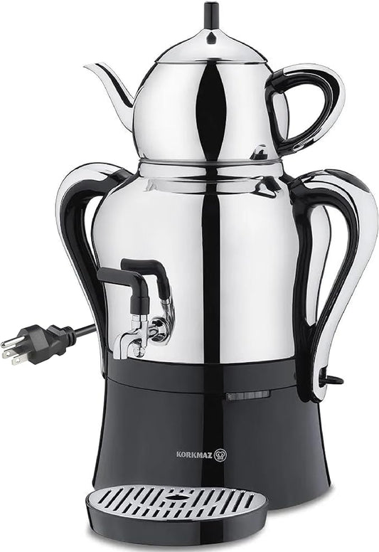Korkmaz Caykolik A842-01 Stainless Steel Samovar, Upper Pot 1.3 L (43.9 Oz), Bottom Pot 3 L (101.4 Oz) Electric Turkish Tea Maker Set, Double Pots, Inox, Chrome, Black 110 V US Plug, 4.5- Quart
