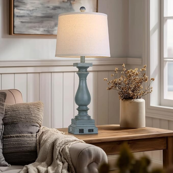 28" Tall Farmhouse Table Lamp with USB C+A Ports and AC Outlet, 3 Way Touch Control Rustic Bedside Lamp for Bedroom, Blue Vintage Nightstand Lamp for Living Room Office
