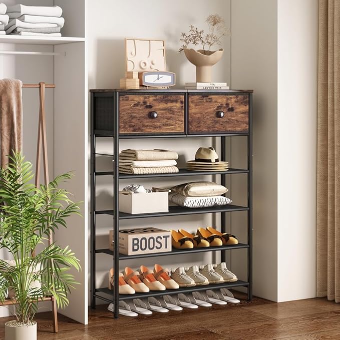 Shoe Rack Organizer 5 Tier Metal Organizer Shelf with 2 Drawers Industrial MDF Board and Layer Fabric for Entryway Closet Bedroom Living Room Garage