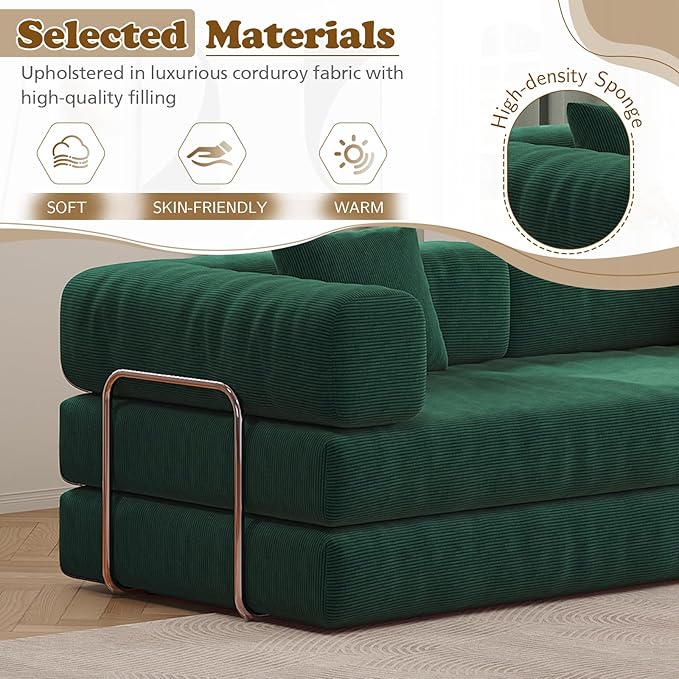 Antetek Convertible Futon Sofa Bed, 3-Seater Modern Corduroy Foam Floor King Size Bed Fold Out Sleeper Lounge Loveseat Sofa Couch with 2 Throw Pillows for Living Room Bedroom Guest Room, Turquoise