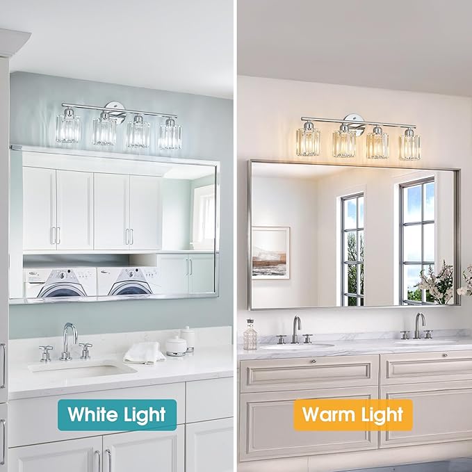 Modern 4 Light Crystal Vanity Light, Chrome Vertical Bathroom Light Fixture Over Mirror for Dressing Table Sink, Compatible with Dimmable Bulbs (Bulbs Not Included)