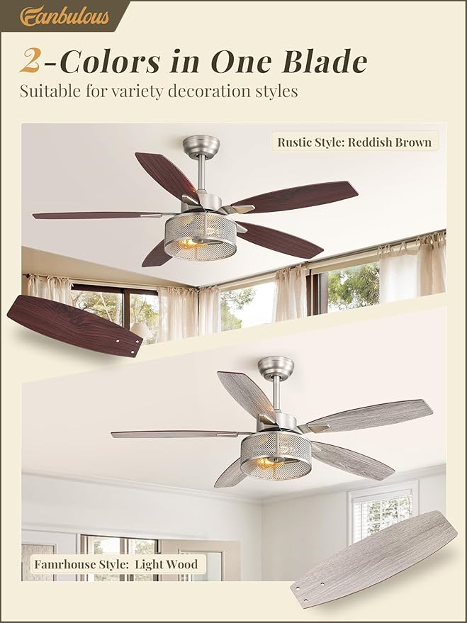 Fanbulous Farmhouse Brushed Nickel Ceiling Fans with Lights and Remote, 52 Inch Bedroom Caged Ceiling Fans for Living Room Kitchen，6 Speed Reversible Quiet DC Motor, Dual Finish 5 Blades