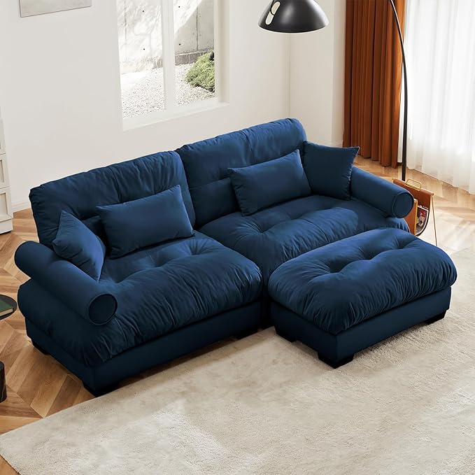 93.7" Loveseat Sofa, 2 Seater Modular Sectional Sofa, Blue Large L Shaped Sectional Couches for Living Room, Fluffy Couch, Love Seat, Velvet Cloud Couch with Ottoman, Deep Seat Sofas for Living Home