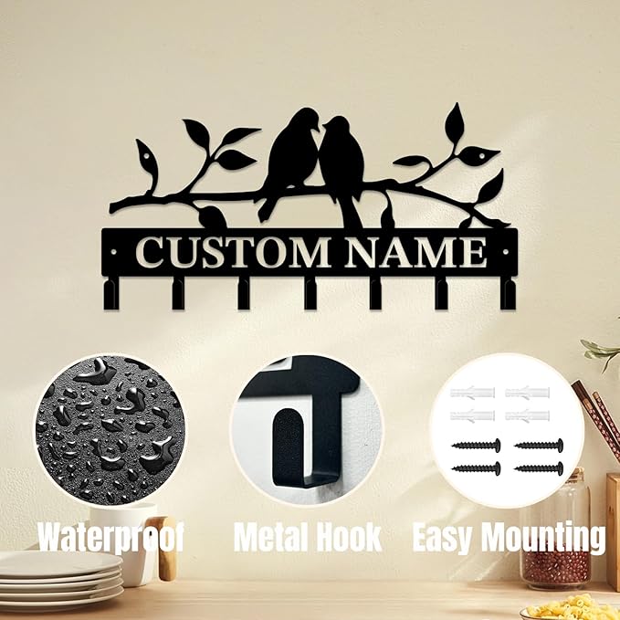 Personalized Custom Name Birds of Trees Wall Key Hooks,Metal Birds of Trees Art Clothes Hooks,Metal Birds of Trees Wall Home Storage Decorative,For Front Door, Hallway, Kitchen, Bedroom (Style D)