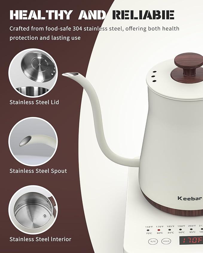 Electric Kettles, 1000W Gooseneck Electric Kettle with 6 Temperature Control Presets, 0.8L/27.05oz, 0.8mm Ultra-Fine Spout, 304 Stainless Steel Inner, Gooseneck Kettle with Auto Shut-Off, Matte White