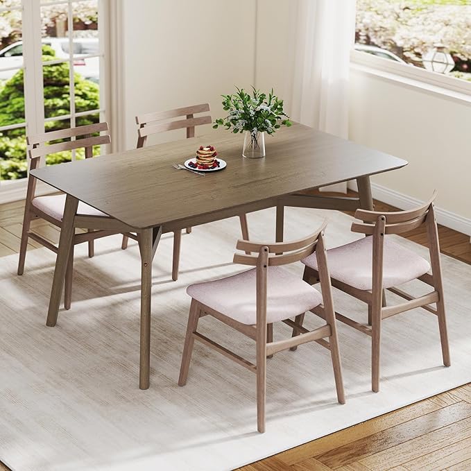 VESCASA 5-Piece Dining Set, 59" L Smokey Taupe Rectangle Wood Dining Table with 4 Curved Back Light Brown Chenille Grey Wood Dining Chairs for Dining Room, Kitchen, Restaurant, Dining Set for 4