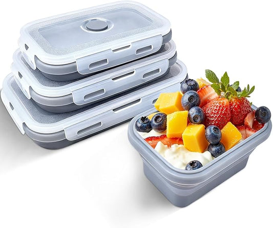 Collapsible Silicone Food Storage Containers with Lids, Collapsible Food Storage Containers, Camping Dishes, 4 Pack Foldable Lunch Box for Leftovers, Meals, Snacks, Gray