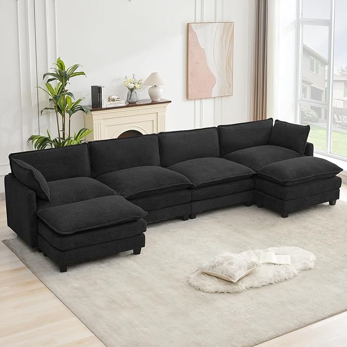 ROWHY Oversized Modular Sectional Couch with 2 Movable Ottoman, 148" Modern Convertible U Shaped Sofa Set, 4 Seat Comfy Cloud Couch with 2 Throw Pillows, for Living Room, Chenille, Black