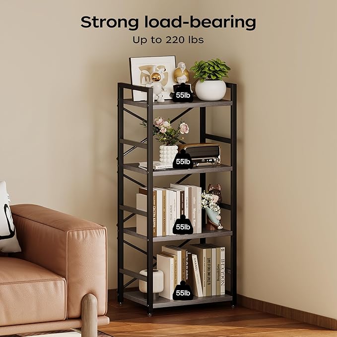 Homeiju Grey Bookshelf, 4 Tier Small Bookcase for CD/Movie/Book, Book Shelf Organization and Storage for Bedroom, Kid's Room, and Home Furniture (Grey)