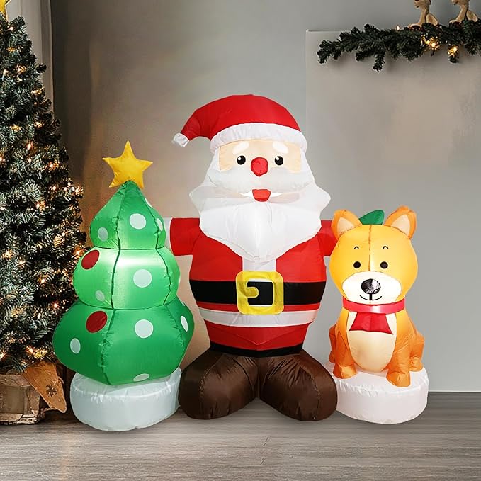 5FT Long Christmas Inflatable Santa Set with Dog & Tree Blow up Lighted Yard Decoration Suitable for Christmas Indoor Outdoor Xmas Yard Party Holiday Garden Decor