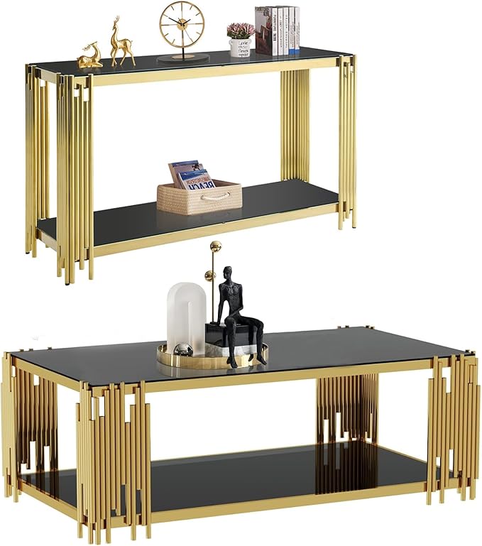 Glass Gold Coffee Table Set of 2,Modern Rectangle Coffee Table and Console Table w/Storage,Glass Coffee Table Set with Steel Frame,2 Pieces Living Room Table Set for Apartment Home Office