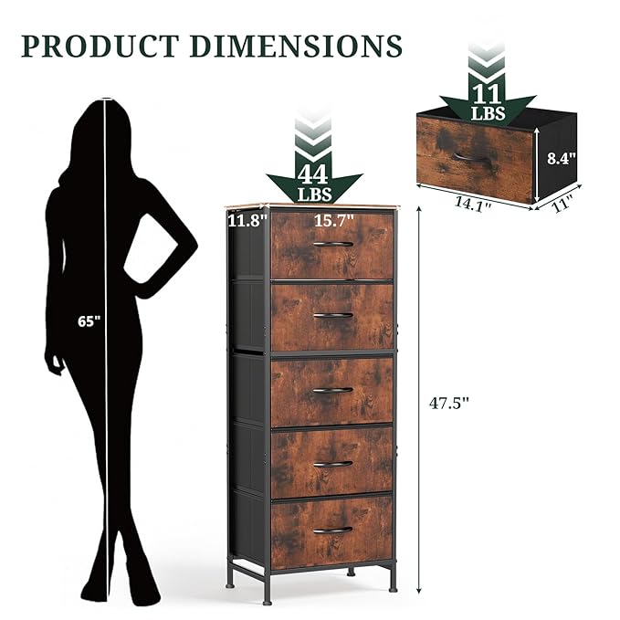 Nightstand, 5 Drawer Dresser End Table Bedside Furniture with Wooden Top Steel Frame Fabric Bins for Bedroom, Closet, Entryway, Dorm, Living Room, Brown
