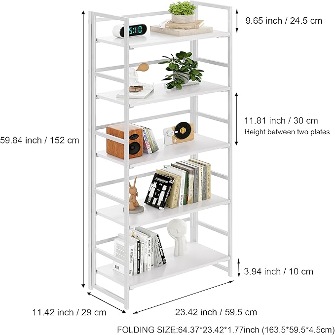 BHG Vintage Multifunctional Folding Bookshelf, No-Assembly Plant Stand Storage Rack Shelves for Home Office (All White, 5-Tier)