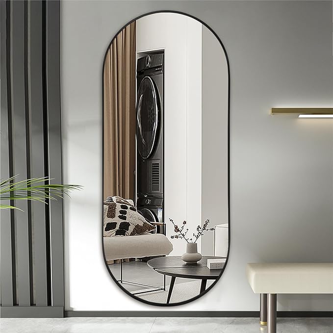Oval Full Length Mirror, 71"×32" Wall-Mounted Floor Mirror with Metal Frame, Ultra-Clear Explosion-Proof Dressing Mirror, Simple and Classic Deco for Cloakroom/Bedroom/Living Room, Black