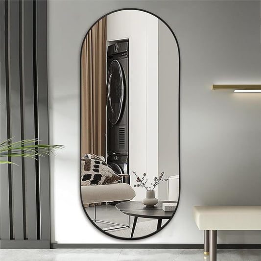 Oval Full Length Mirror, 71"×32" Wall-Mounted Floor Mirror with Metal Frame, Ultra-Clear Explosion-Proof Dressing Mirror, Simple and Classic Deco for Cloakroom/Bedroom/Living Room, Black