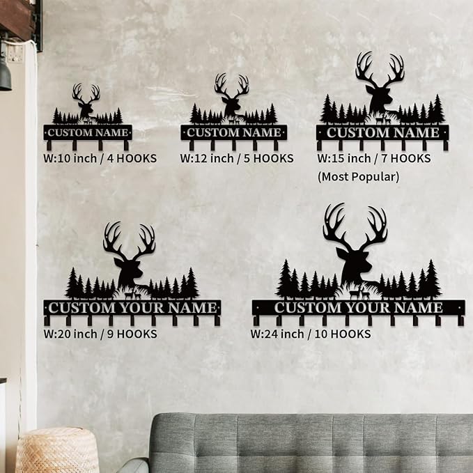 Personalized Custom Name Forest Deer Wall Keys Hooks,Metal Forest Deer Art Clothes Hooks,Metal Forest Deer Wall Home Storage Decorative,For Front Door, Hallway, Kitchen, Bedroom,Keys,Hats (Style A)