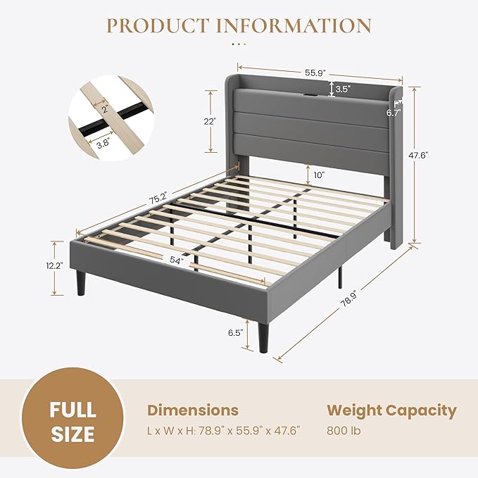 SHA CERLIN Full Size Bed Frame with Charging Station, Velvet Upholstered Platform Bed, Wingback Storage Headboard, Type-C & USB Ports, Strong Wooden Slats, No Box Spring Needed, Easy Assembly, Grey