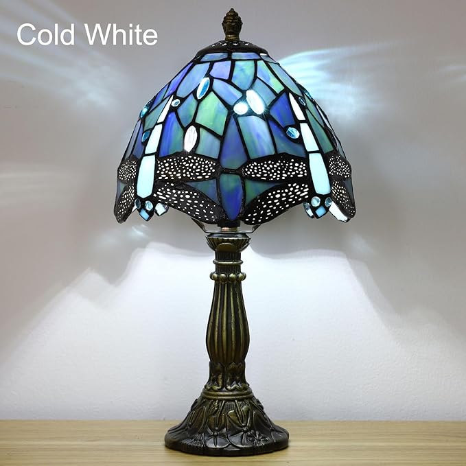 Tiffany Small Table Lamp,Blue Dragonfly Stained Glass 3 Color Temperature Antique Table Lamps,Bedside Nightstand Lamp for Bedroom,Living Room,Home Office+LED Bulb,8X8X15Inch