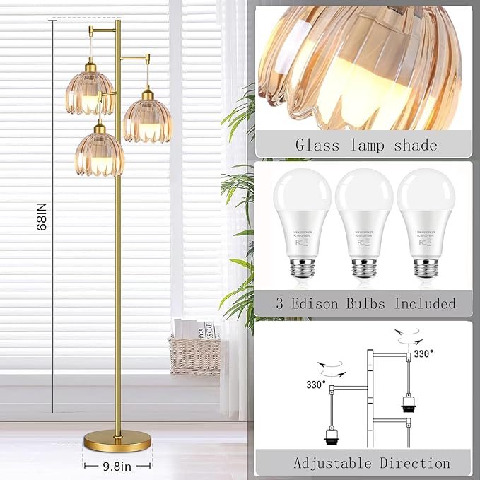 Gold Floor Lamps for Living Room Bedroom-3 Light Glass Floor Lamp with Three Led Bulb, Rustic Tall Floor Lamp Gold Standing Lamp Tree Floor Lamps for Living Room Bedroom,Office,Corner
