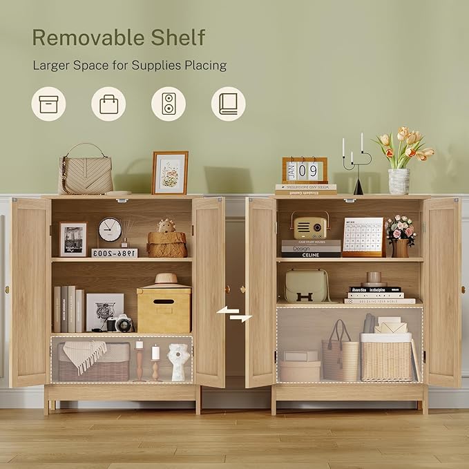 Iwell Storage Cabinet, Rattan Cabinet with Adjustable Shelf, for Living Room, Entryway, Kitchen, Home Office, Nature