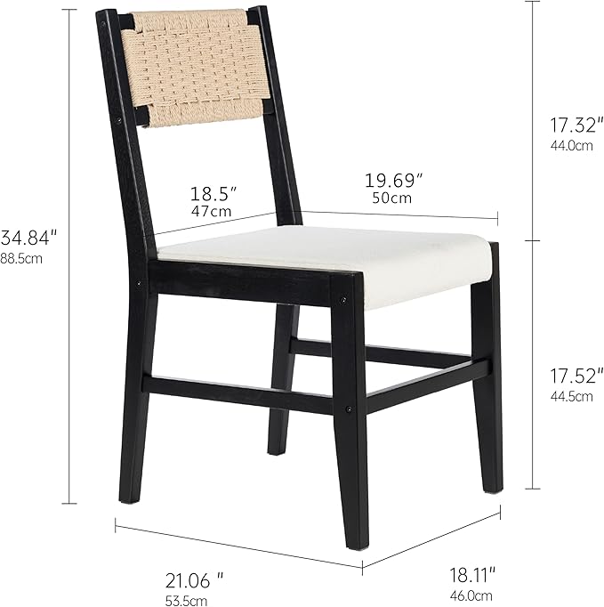 Chogori Wooden Dining Chairs, Modern Farmhouse Kitchen & Dining Room Accent Side Chairs with Woven Rope Back and Fabric Upholstered for Home, Living Room (Black, Set of 6)