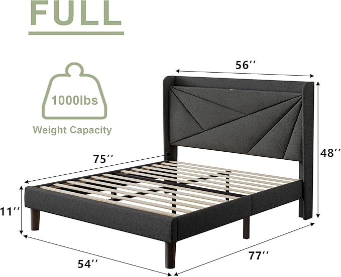 Feonase Full Size Bed Frame with Charging Station, Upholstered Linen Bedframe with Wingback Headboard, Solid Wood Slats Support, Noise Free, No Box Spring Needed, Charcoal Grey