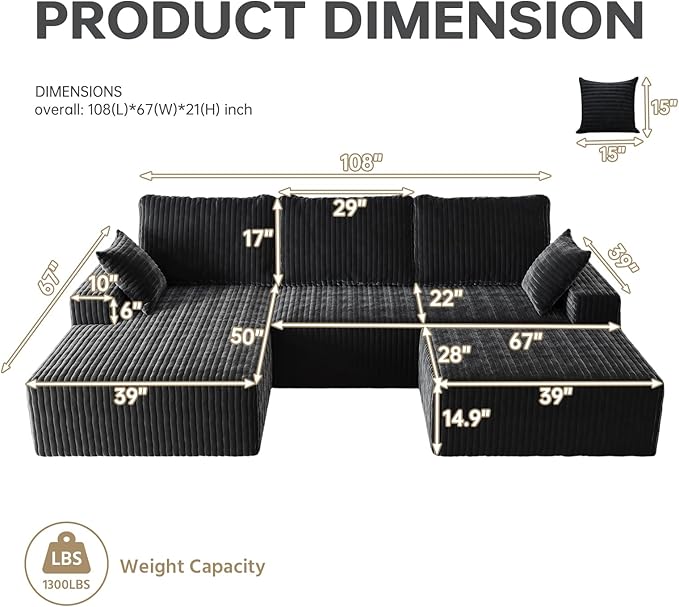 108" U Shaped Sectional Couch with Ottoman, Corduroy Modular Sectional Sofa with Deep Seat, Modern Modular L-Shape Sofa Couch with Chaise,Upholstered Boneless Couches for Living Room Bedroom