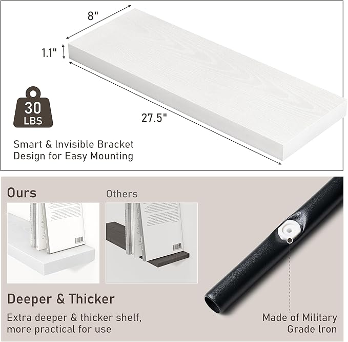 Fun Memories White Floating Shelves for Wall Set of 2, 28" White Floating Shelves for Home Decor, Rustic Wood Wall Mounted Shelf, Hanging Deep Shelf for Living Room, Bedroom, Bathroom, Kitchen