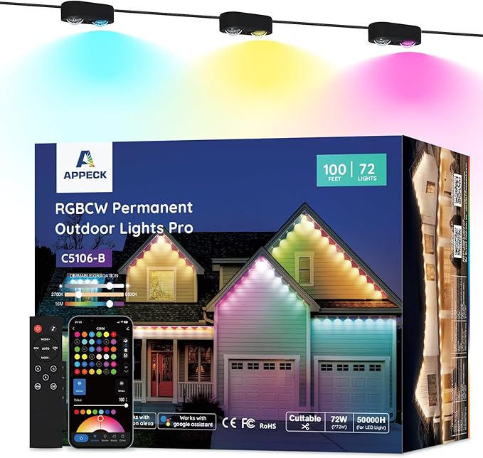 APPECK Permanent Outdoor Lights Pro 100ft, 72W RGBCW Eaves Lights with 72 LED Lights, 80lm, Cuttable, 111 Scene Modes, IP67 Waterproof Lighting for Halloween Decoration, Compatible with Alexa, Black
