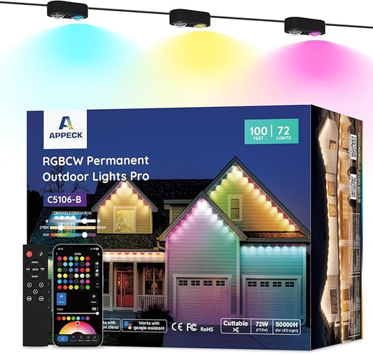 APPECK Permanent Outdoor Lights Pro 100ft, 72W RGBCW Eaves Lights with 72 LED Lights, 80lm, Cuttable, 111 Scene Modes, IP67 Waterproof Lighting for Halloween Decoration, Compatible with Alexa, Black
