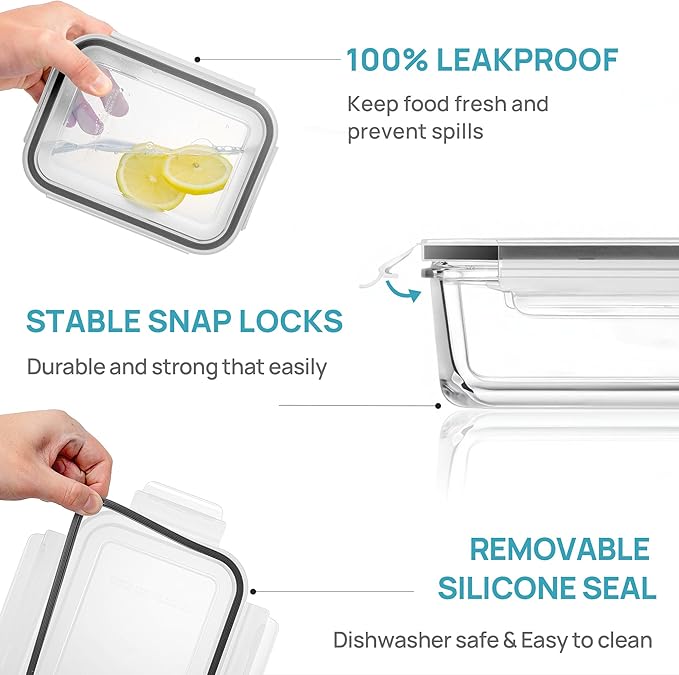 Vtopmart 5Pack 30oz Glass Storage Containers with Lids, Glass Meal Prep Food Container Sets with Snap Airtight Lids for Microwave, Oven, Freezer and Dishwasher, Grey