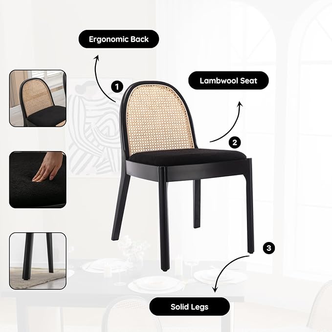 HEAH-YO Rattan Dining Chairs Set of 6, Upholstered Sherpa Dining Room Chairs with Backrests, Modern Kitchen Chairs with Wood Legs for Dining Room, Black