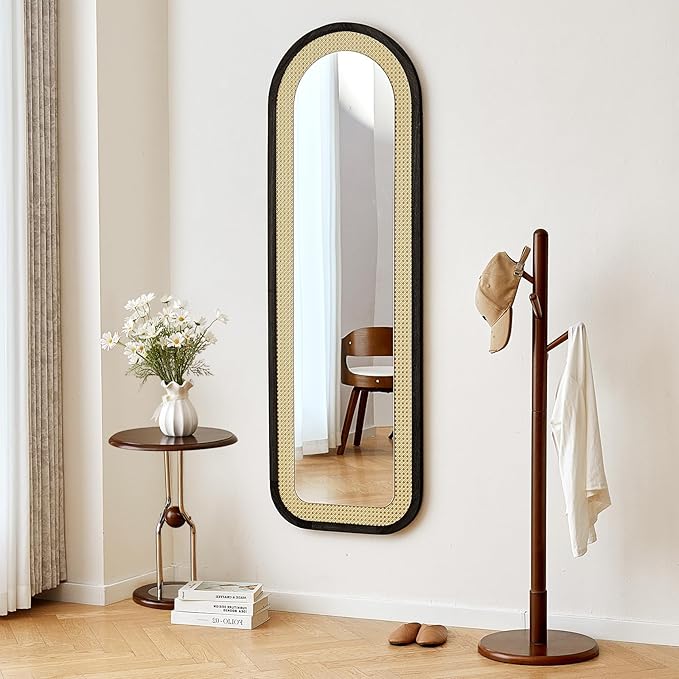 Arched Full Length Mirror with Solid Wood Frame & Rattan Panel, 64"x21" Rustic Wall Mounted Floor Mirror - Free Standing, Leaning Against Wall, Wall-Mounted for Bedroom Living Room (Black)
