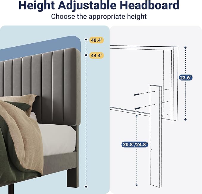 Allewie Twin Bed Frame, Velvet Upholstered Platform Bed with Adjustable Vertical Channel Tufted Headboard, Mattress Foundation with Strong Wooden Slats, Box Spring Optional, Easy Assembly, Grey