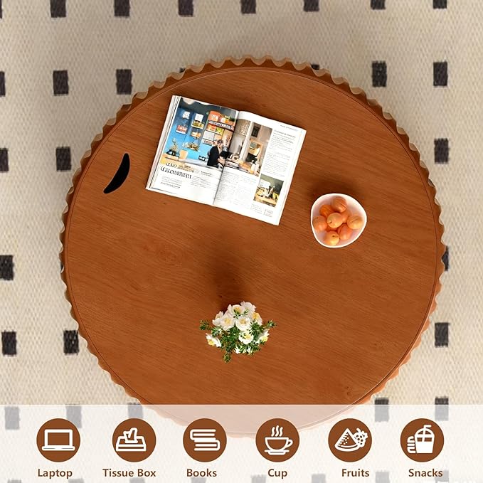 Round Drum Coffee Table with Storage Modern Coffee Table with Solid Wood Veneered Circle Center Table Accent Tea Table for Living Room Apartment Small Space (31.5in)