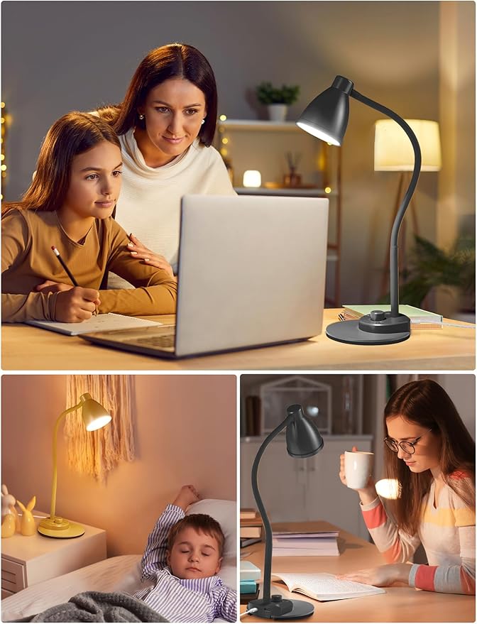 BOHON LED Desk Lamp with USB Charging Port 3 Color Modes Dimmable Reading Light Intelligent Induction Auto Dimming Task Lamp Neck Flexible Table Lamp for Bedside Office, AC Adapter Include