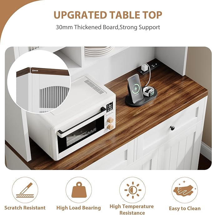 Garvee 71" Pantry Cabinet with Charging Station, Tall Kitchen Pantry Storage Cabinet with Microwave Stand, Farmhouse Kitchen Hutch with Storage Drawers for Living Room, Dining Room, White