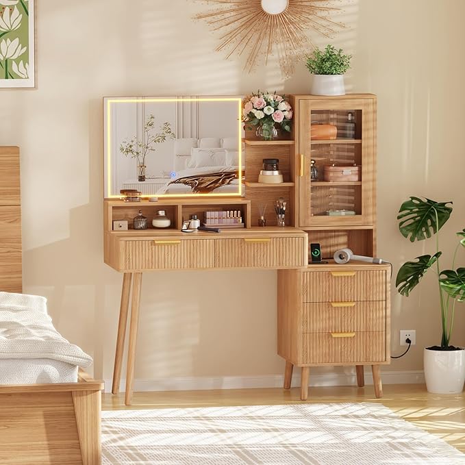 Fluted Vanity Desk with LED Lights Mirror & Power Outlet,Modern Glass Top Elegant Vanity Desk with 5 Drawers and Storage Shelf,Dressing Table for Bedroom Girls Women