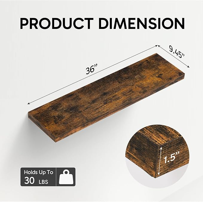 BAYKA Floating Shelves, 36 inches Long Wall Mounted Rustic Wood Shelves for Bathroom, Bedroom, Living Room, Kitchen, Office, Hanging Shelf for Books/Storage/Decor(Rustic Brown,Set of 2)