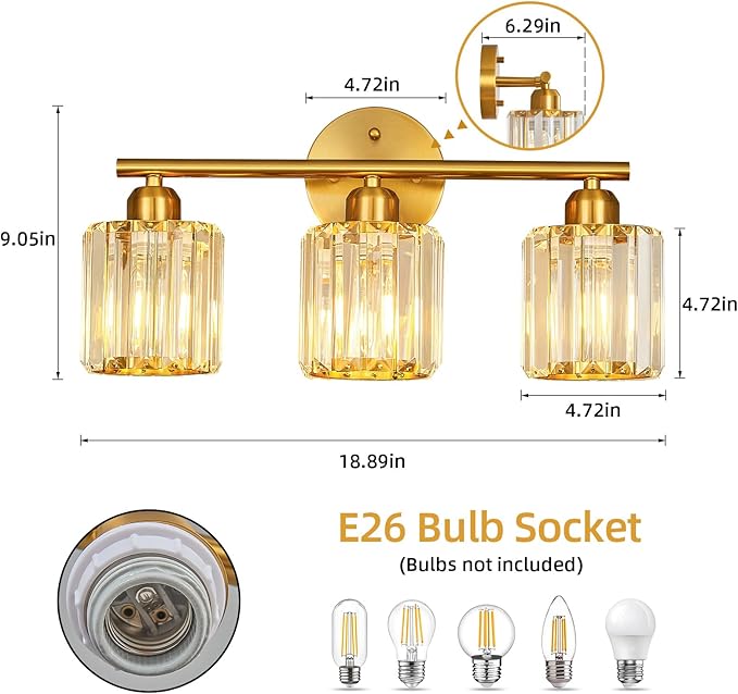 Modern 3 Light Crystal Vanity Light, Brushed Gold Vertical Bathroom Light Fixture Over Mirror for Dressing Table Sink, Compatible with Dimmable Bulbs (Bulbs Not Included)