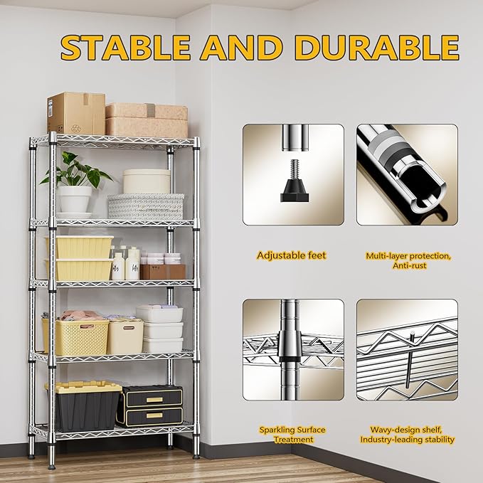 1250 lbs 5 Tier Shelf Metal Storage Shelves Shelving Wire Rack Heavy Duty Closet Organizers for Garage Kitchen Bathroom Laundry Chrome 13.8" D x 29.5" W x 59.5" H