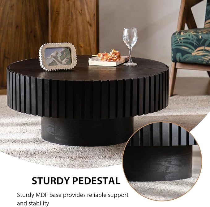 Round Coffee Table, Handcrafted Fluted Drum Coffee Tables Modern Wood Coffee Table Circle Drum Center Table for Living Room, Apartment (Round Black)