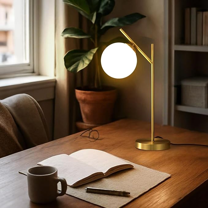 Globe Table Lamp Set of 2, Brass Glass Globe Desk Lamp with Milky White Glass Shade, Contemporary Metal Bedside lamp for Bedroom Living Room Study Room