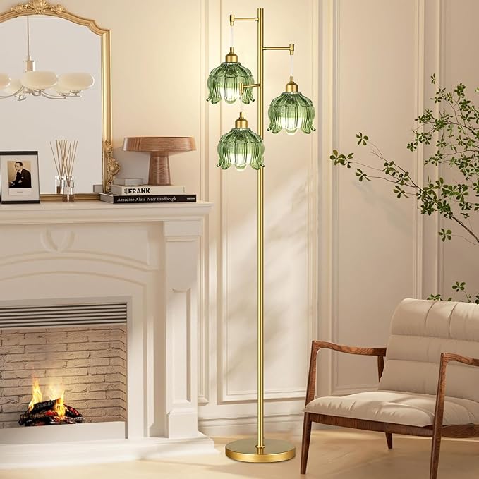 Vintage Floor Lamps for Living Room Bedroom-3 Light Gold Floor Lamp with Glass Lampshape, Flower Green Tall Lamp Mid Century Modern Standing Lamp Tree Floor Lamp for Bedroom Living Room Corner