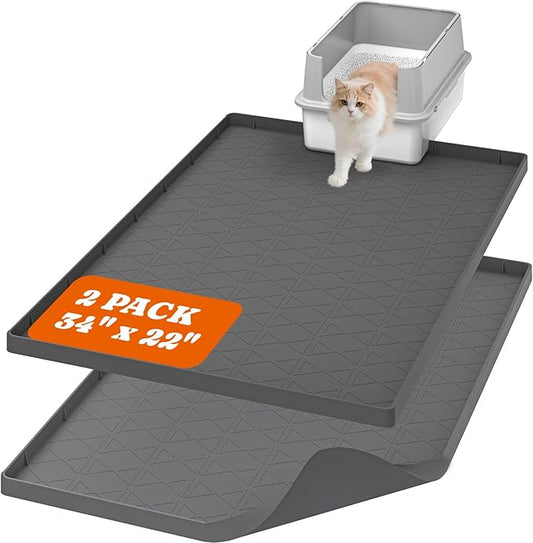 Pawtners Extra Large 2 Packs Silicone Cat Litter Mats, 34" x 22" Waterproof Litter Box Mat, Non-Slip Kitty Litter Mat for Scatter Control, Easy to Clean & Urine-Proof Cat Litter Trapping Mat, Gray