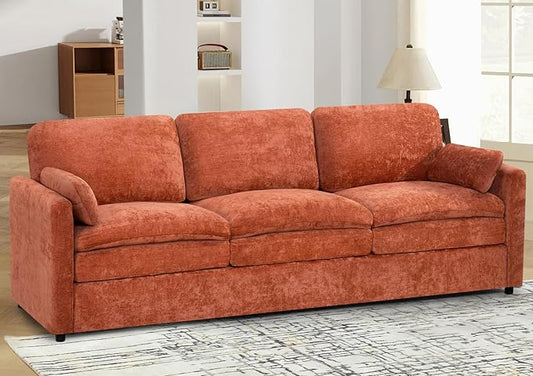 89" Chenille 3 Seats Sofa with 2 Pillows, Modern Upholstered Sofa with Deeper Seats, Comfy Sofa with Thickened Cushions for Living Room, Apartment, Orange