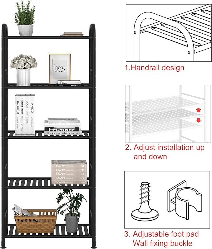 JSB 5-Tier Adjustable Shelving Unit, Heavy Duty Storage Rack Organizer Metal Corner Shelf for Kitchen Living Room Laundry Pantry Bathroom (Black, 5 Tier)…