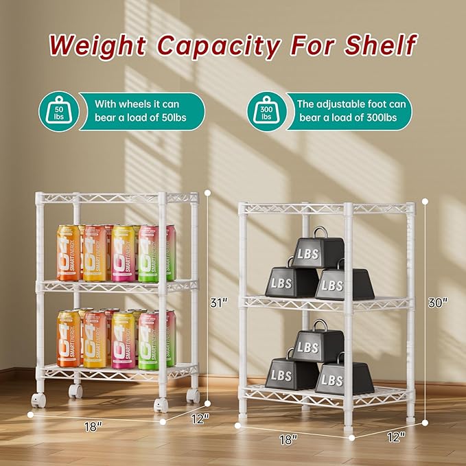 3 Tier Adjustable Storage Shelves Heavy Duty Metal Utility Shelf Wire Shelving Unit Organizer Rack for Home Kitchen Office Bathroom Pantry Room 12" D x 18" W x 30" H