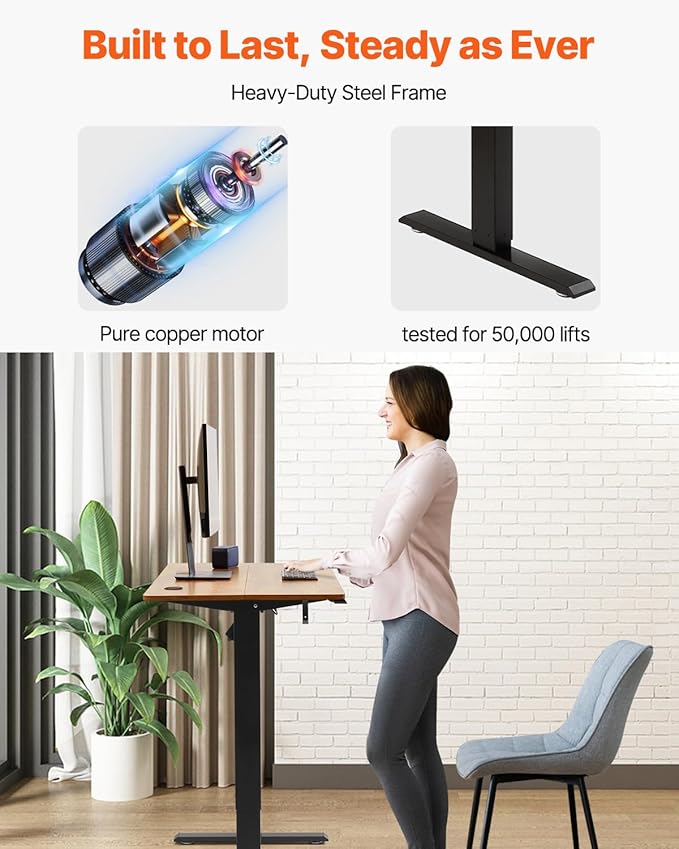 VEVOR Height Adjustable Desk, 55.1 x 23.6 in, Support 180 lbs, Electric Standing Desk with 3 Memory Presets, Sturdy Dual Metal Frame, Versatile Computer Sit Stand up Desks, Suitable for Home Office